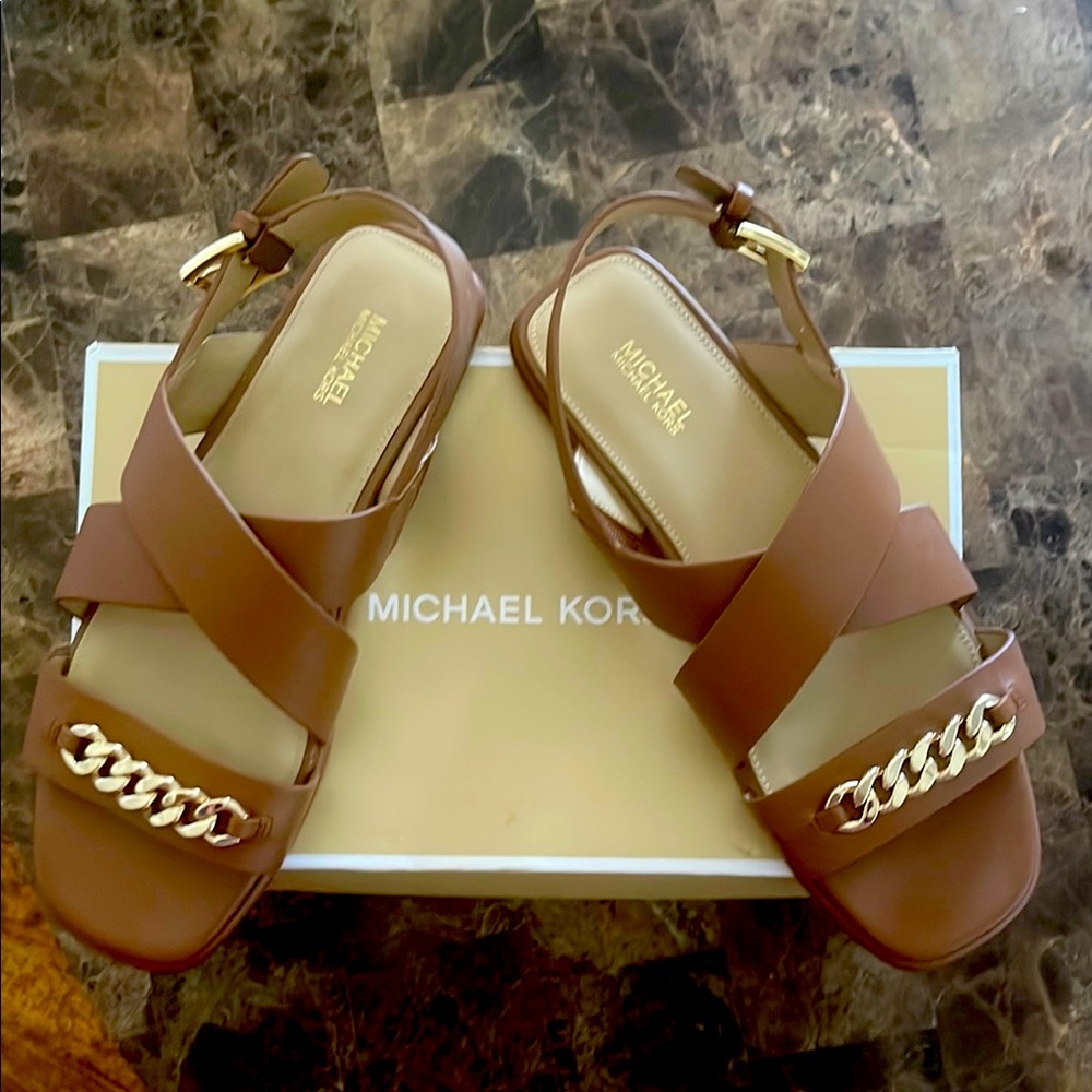 Michael Kors Gold Chain Brown Sandals